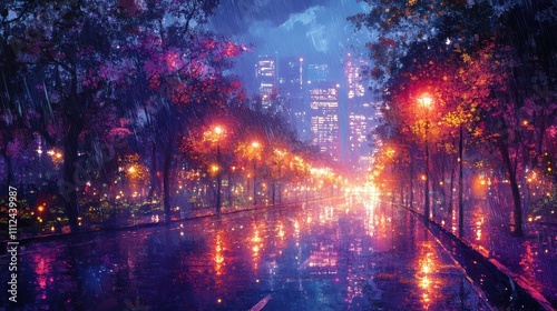 Vibrant City Street at Night with Colorful Lights and Reflections in the Rain