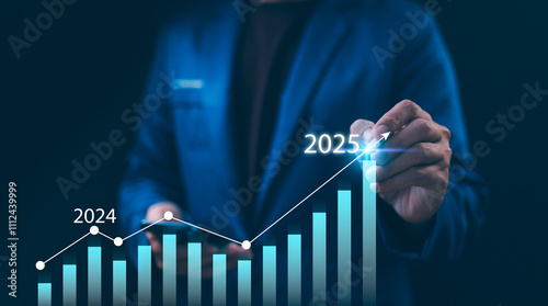 Start 2025 new year. Business growth 2024 to 2025. Businessman pointing at arrow graph New Year Business Goals 2025. Financial growth or rising interest rates. Future trends and strategic forecasting. photo