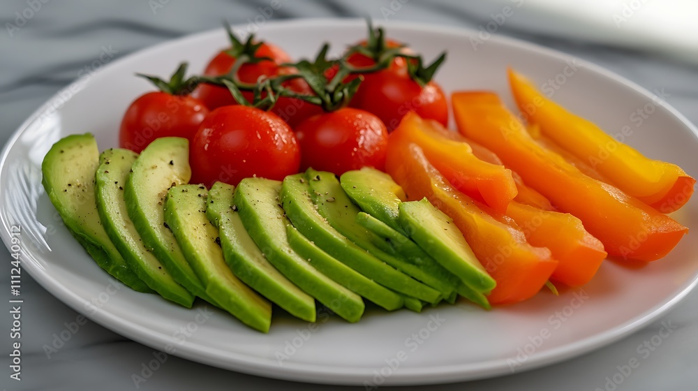 A healthy snack platter with low-carb vegetables, such as bell peppers, cherry tomatoes, and avocado, served on a white plate A healthy snack platter with low-carb vegetables, such as bell peppers, cherry tomatoes, and avocado, served on a white plate