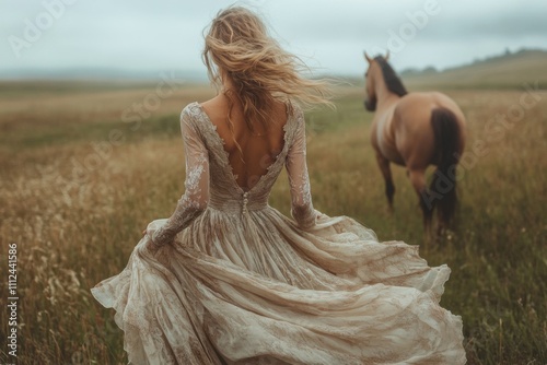 Blond woman in a dress walking in a field with a horse photo