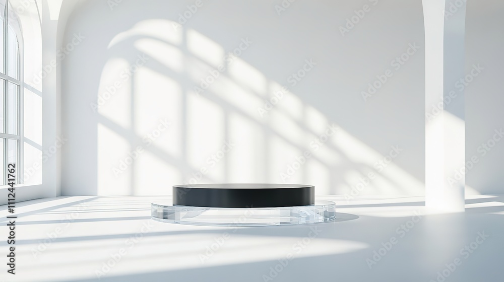 Minimalistic white room with arched windows and shadow play Minimalistic white room with arched windows and shadow play