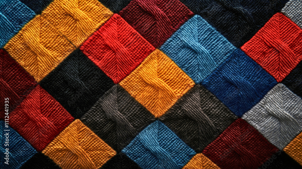 Closeup of colorful woolen textile with a soft and warm knit texture, traditional handmade fabric design perfect for winter clothing, decoration, and cozy fashion elements Closeup of colorful woolen textile with a soft and warm knit texture, traditional handmade fabric design perfect for winter clothing, decoration, and cozy fashion elements