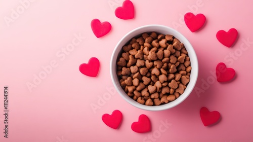 Valentine's Day pink background. Dry food for cats and dogs shape on hearts. Love for pets. Copy space