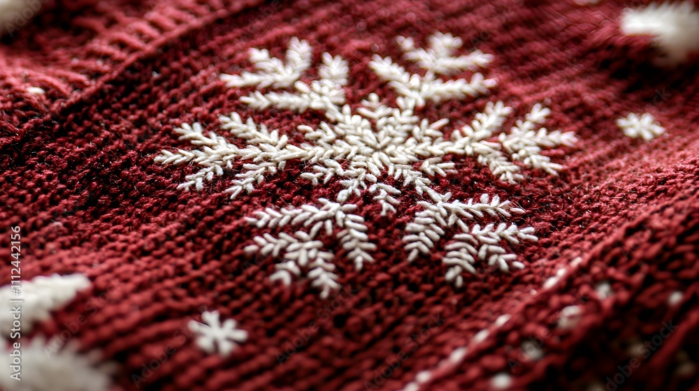 Winter Wonderland Snowflake Knit: A close-up detail of a cozy red knitted fabric adorned with a delicate white snowflake pattern, perfect for evoking wintery warmth and festive cheer. Winter Wonderland Snowflake Knit: A close-up detail of a cozy red knitted fabric adorned with a delicate white snowflake pattern, perfect for evoking wintery warmth and festive cheer.