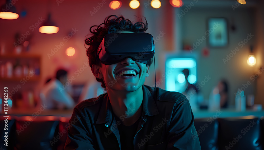 a man wearing goggles sitting at a bar with a lit up room in the background a man wearing goggles sitting at a bar with a lit up room in the background