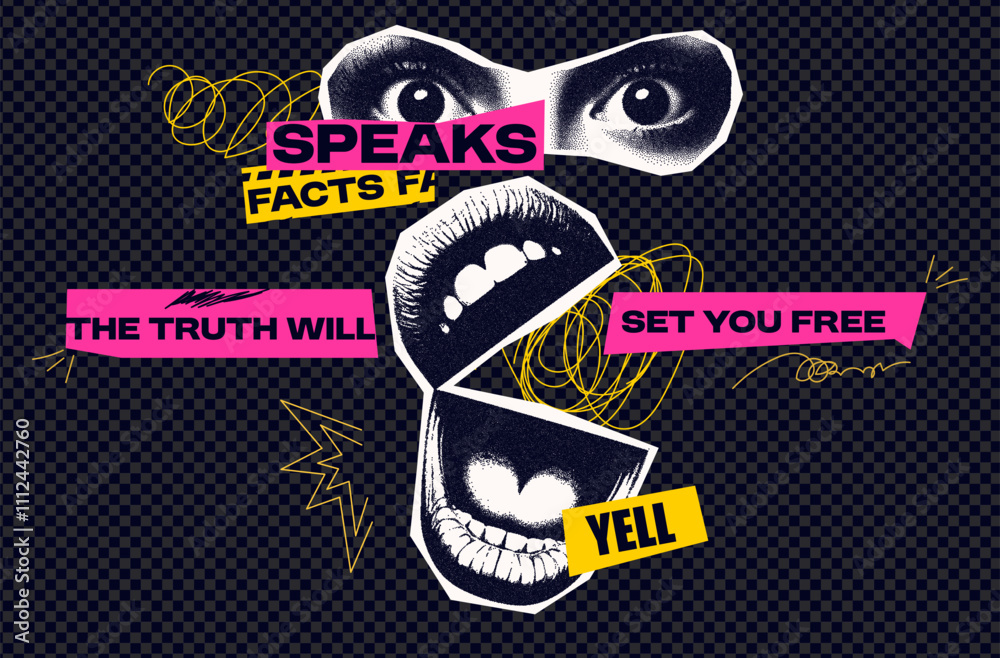 Fototapeta premium Trendy retro collage with eyes and mouth. The motivating slogan Truth will set you free. The design of the halftones. Vector.
