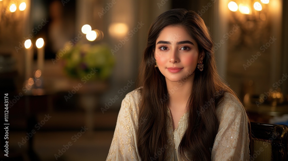 Elegant woman in softly lit room, wearing traditional attire, long hair, gentle expression, warm ambiance, luxe decor Elegant woman in softly lit room, wearing traditional attire, long hair, gentle expression, warm ambiance, luxe decor