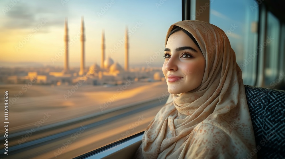 Joyful journey: woman in hijab enjoys scenic train ride at sunset Joyful journey: woman in hijab enjoys scenic train ride at sunset