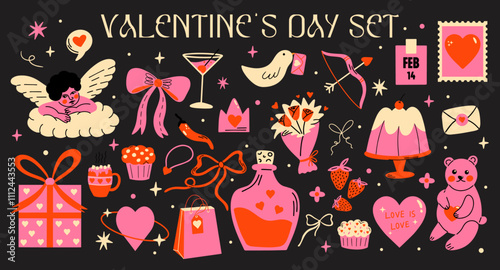 Saint Valentine's Day vector sticker elements set. Collection of cute groovy funky cartoon illustration of romantic objects bow, cupid, love potion, heart, bouquet, 14 February design concept