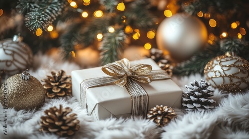 Festive Gift Scene, Christmas tree ornaments, glowing lights, wrapped present, pinecones, cozy ambiance, holiday spirit