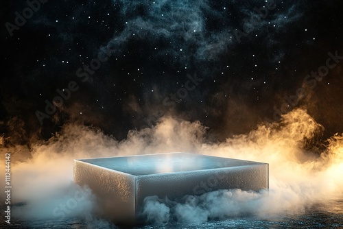 Mystical cube glowing amidst fog under starry sky photo