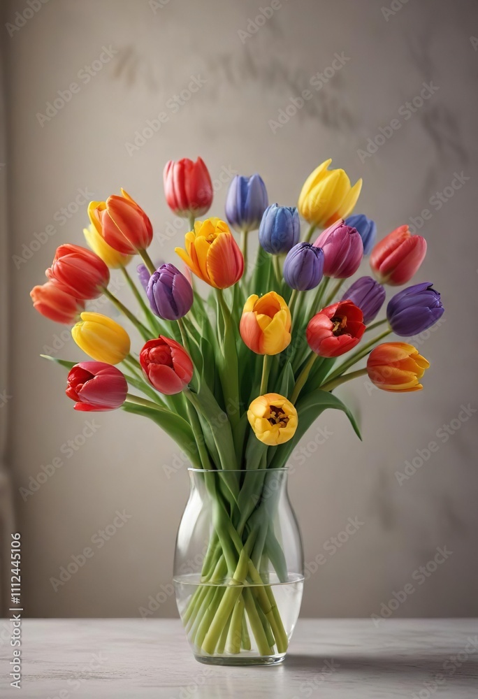 A bouquet of colorful tulips in a vase with a soft focus background , decor, fresh, arrangement A bouquet of colorful tulips in a vase with a soft focus background , decor, fresh, arrangement