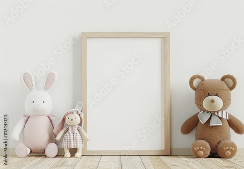 Empty picture frame mockup with stuffed animals on wooden floor in a white room