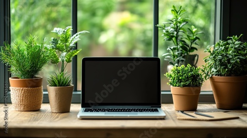 Cozy Home Office Setup with Plants, Laptop, and Wooden Table, Perfect for Remote Work, Creativity, and Inspiration Amidst Lush Greenery and Natural Light