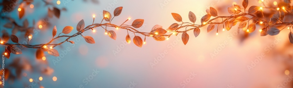 Fototapeta premium Branch with leaves and lights on it, space for text