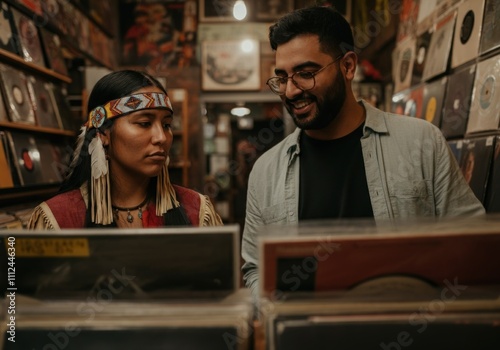 Man and woman browsing vinyl records in vintage music store photo