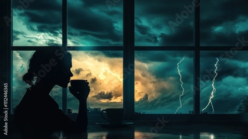 Silhouette of a person drinking coffee against a stormy window, lightning flashing.