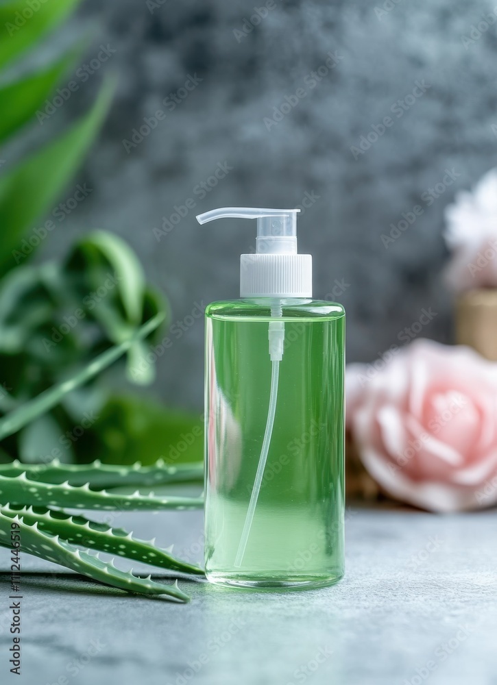 A transparent lotion pump filled with aloe green gel, set beside aloe plants, highlights relaxation and the botanical benefits of nature in skincare. A transparent lotion pump filled with aloe green gel, set beside aloe plants, highlights relaxation and the botanical benefits of nature in skincare.