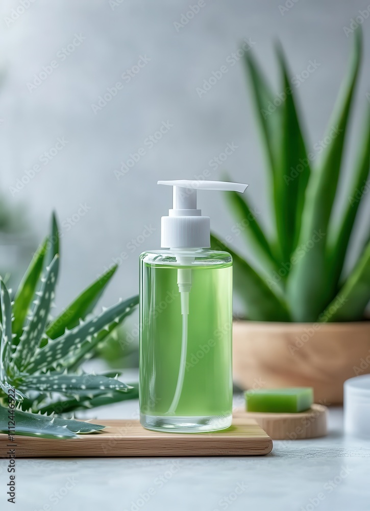 A transparent dispenser of liquid soap infused with aloe vera, set against a rich green backdrop of aloe plants, conveys concepts of hygiene and freshness. A transparent dispenser of liquid soap infused with aloe vera, set against a rich green backdrop of aloe plants, conveys concepts of hygiene and freshness.