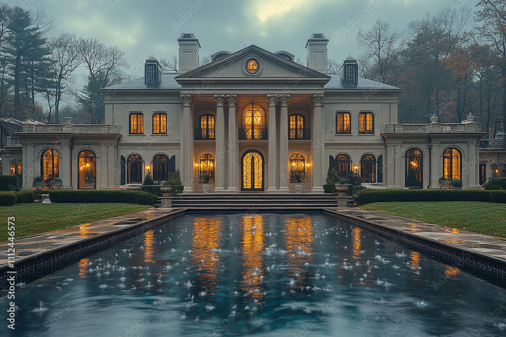 Fototapeta premium Grand Mansion Reflecting In Evening Pool Water