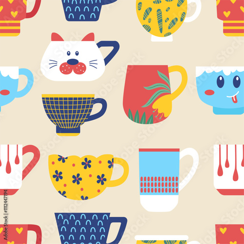 Ceramic cups seamless pattern. Kitchen style print for fabric, wrapping, napkins. Adorable decorative mug and cup for different drinks, neoteric vector background