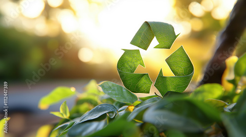 Recycling symbol made of vibrant green leaves, illuminated by soft sunlight, representing eco-friendly practices and sustainability