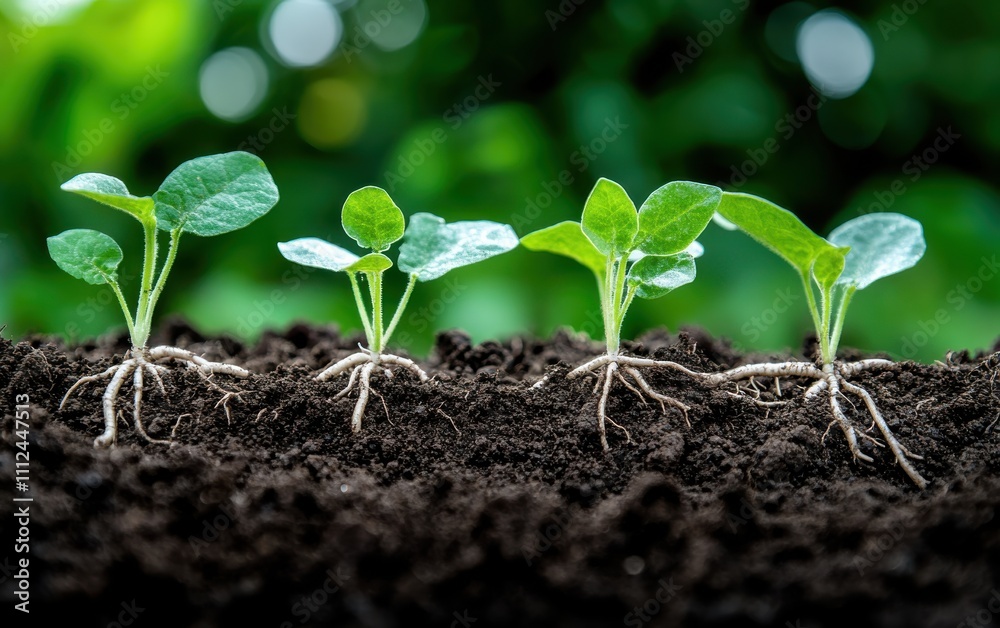 A row of small plants with extensive root systems above the soil showcases the interconnectedness and strength of nature, symbolizing growth, potential, and harmony.