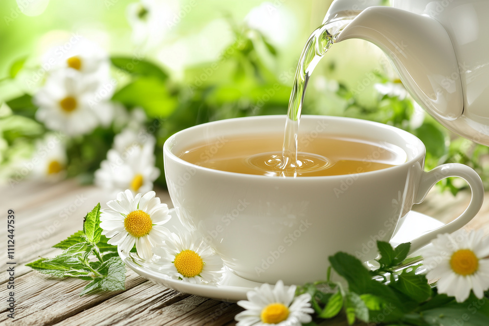 calming close up of herbal tea being poured into white cup surrounded by fresh flowers and greenery, evoking sense of tranquility and relaxation calming close up of herbal tea being poured into white cup surrounded by fresh flowers and greenery, evoking sense of tranquility and relaxation