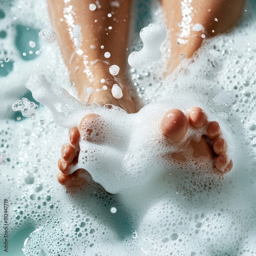 A vivid depiction of feet beneath a mass of foamy bubbles, intertwined with splashing streams of water. This image stands for hygiene and relaxation.