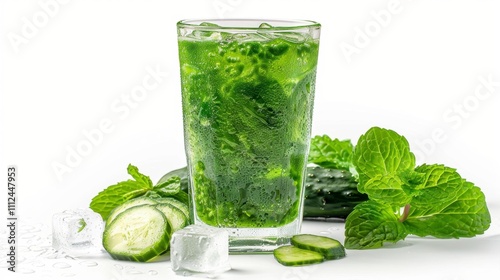 A glass of cucumber mint lemonade with ice cubes, isolated on a white background