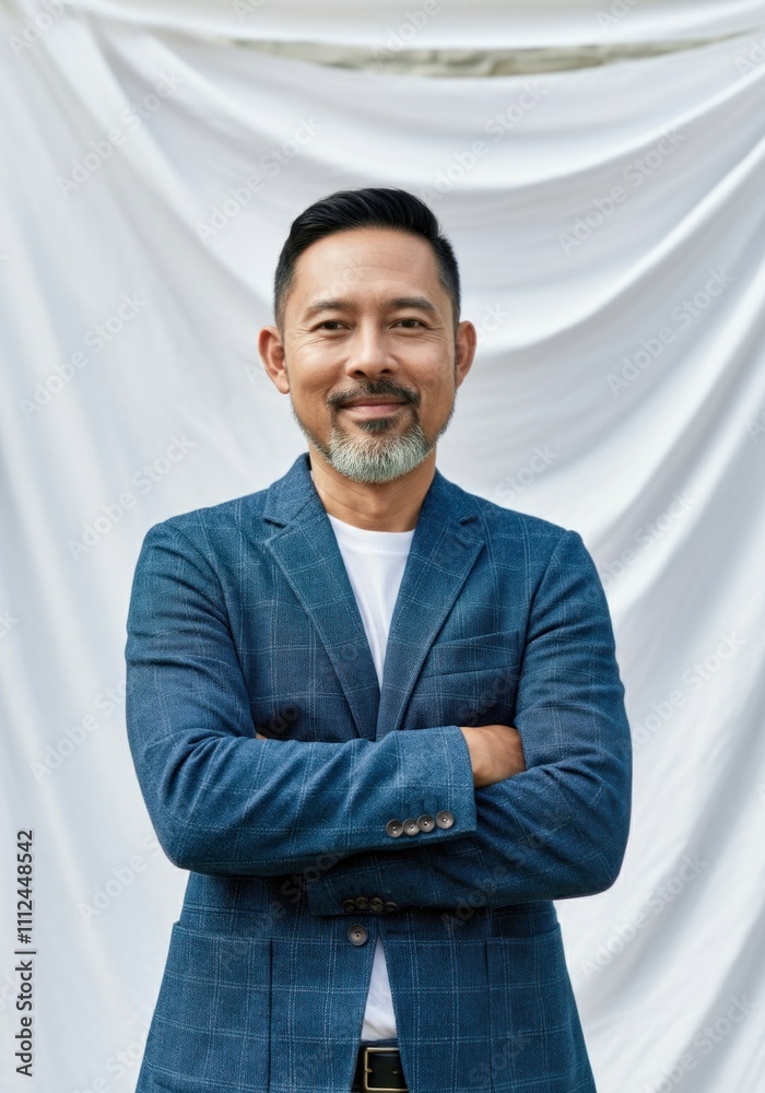 Confident mature Asian man in blue blazer smiling with arms crossed Confident mature Asian man in blue blazer smiling with arms crossed