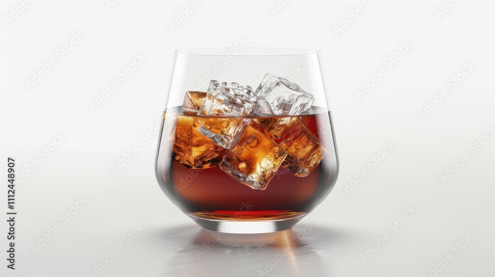 A glass of dark rum with ice cubes, isolated on white A glass of dark rum with ice cubes, isolated on white