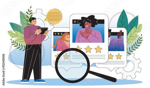 Human resources concept. Man with magnifying glass near resumes of job candidates. HR manager at workplace. Headhunting and recruitment. Flat vector illustration