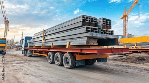 A truck transporting steel beams at a construction site.