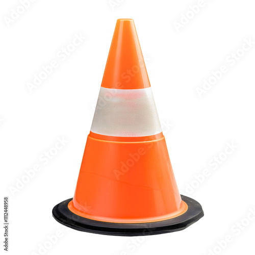 Orange traffic cone with reflective stripe isolated on white background, a road safety warning marker for construction site, transportation hazard and industrial work zone