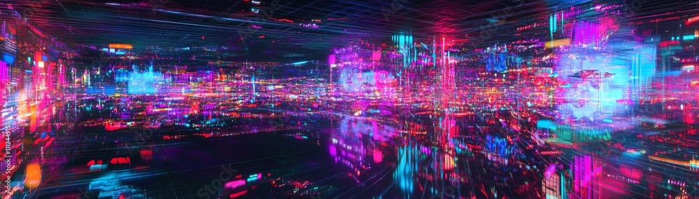 Fototapeta premium Tilted angle view of a neon-lit cityscape, futuristic drones weaving through towering holograms, surreal reflections on glass