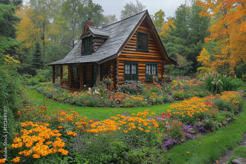 A charming log cabin nestled amongst autumnal blooms A charming log cabin nestled amongst autumnal blooms