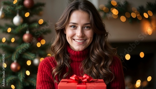 Beautiful woman holding christmas gift next to christmas tree