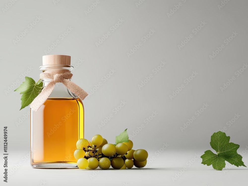 The minimalist set-up includes a bottle of light golden vinegar enhanced with a cluster of green grapes and two decorative leaves on a plain surface. The minimalist set-up includes a bottle of light golden vinegar enhanced with a cluster of green grapes and two decorative leaves on a plain surface.