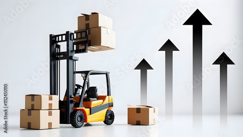 Miniature forklift lifts boxes amidst soaring upward arrows, symbolizing escalating logistics and transportation costs.