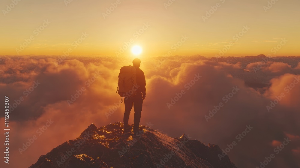 A hiker stands on a mountain peak, watching the sunrise above the clouds. A hiker stands on a mountain peak, watching the sunrise above the clouds.