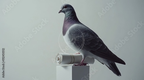 A pigeon perched on a clean white surface with a small rolled letter tied to its leg, sharp focus, minimalistic and crisp design