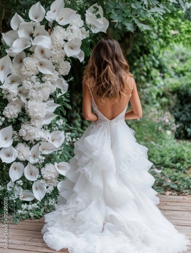 A bride wearing a ruffled white dress stands gracefully near floral garden decor, embodying elegance, sophistication, and the essence of romantic beauty. photo