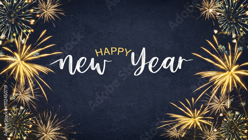 Canvas Print HAPPY NEW YEAR 2025 - Festive silvester New Year's Eve Party background greeting card - Golden fireworks in the dark blue night