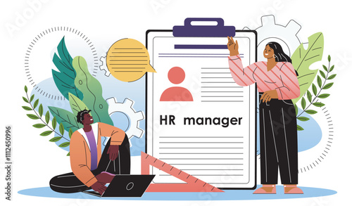 Human resources concept. Man and woman near resumes of job candidates. HR manager at workplace. Headhunting and recruitment. We hiring. Flat vector illustration