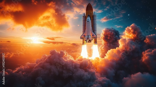 Space rocket lift off. Space shuttle with smoke and blast takes off into space on a background of blue planet earth with amazing sunset