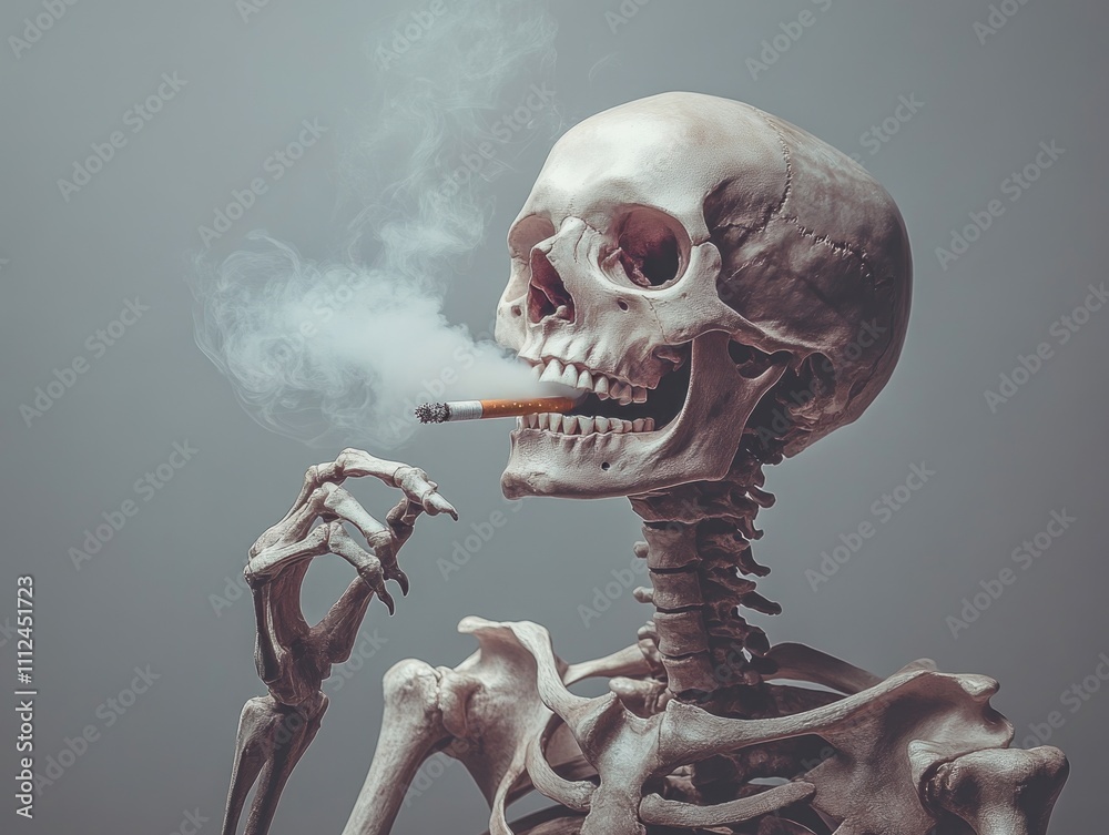 A human skeleton casually smoking a cigarette, with smoke swirling around