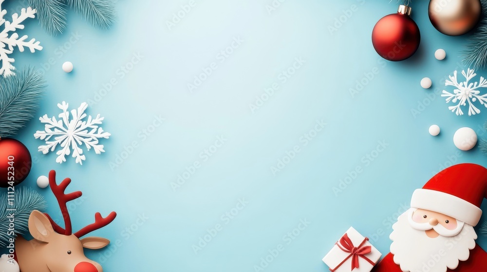 A bright, cheerful illustration depicting Santa and a reindeer with snowflakes and pine branches, set in a festive border, highlighting Christmas joy and warmth. A bright, cheerful illustration depicting Santa and a reindeer with snowflakes and pine branches, set in a festive border, highlighting Christmas joy and warmth.
