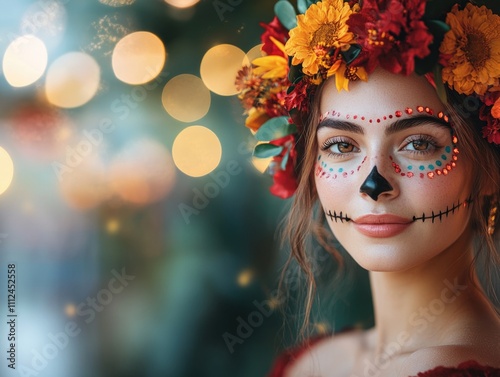 Mexican woman model wearing sugar skull fashion make up. The theme is the day of the dead