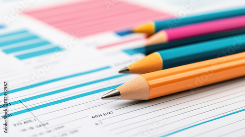 Analyzing business data with colored pencils and charts modern office space infographic creation creative environment close-up view